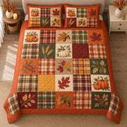 AI mockup, high centered overhead view of orange and cream pumpkins, plaid squares, maple leaves and acorns in autumn colors, quilt and two matching printed pillowcases in a neutral bedroom.