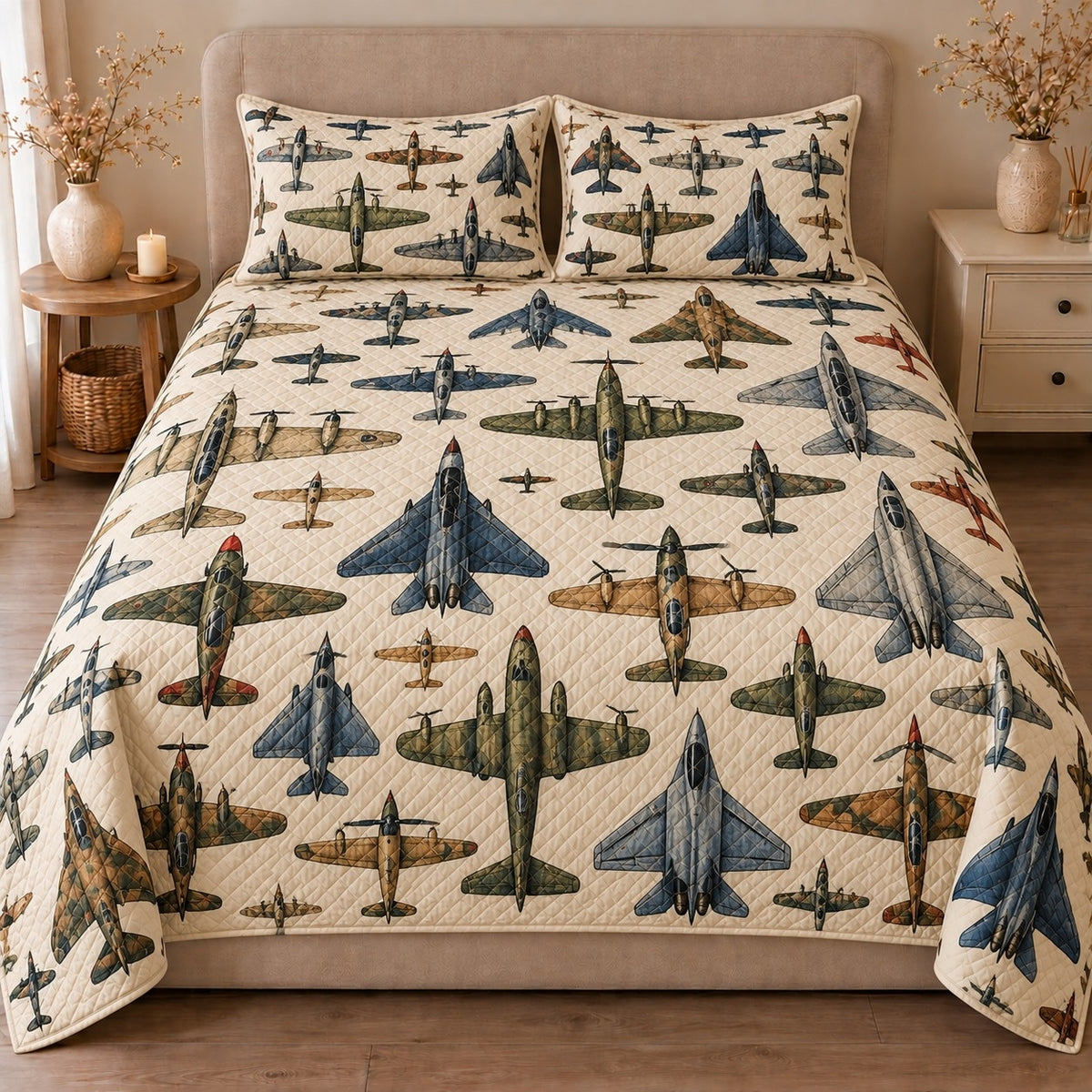 AI mockup, front view of rows of classic aircraft and fighter jets in blue, green and tan on cream, quilt and two matching printed pillowcases in a neutral bedroom.
