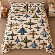 AI mockup, high centered overhead view of rows of classic aircraft and fighter jets in blue, green and tan on cream, quilt and two matching printed pillowcases in a neutral bedroom.