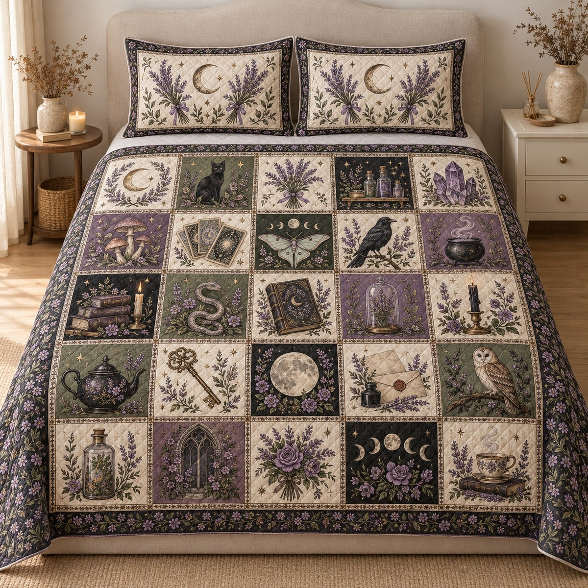 AI mockup, front view of patchwork squares with lavender, crescent moons, black cats, crystals, owls and spell books, quilt and two matching printed pillowcases in a neutral bedroom.