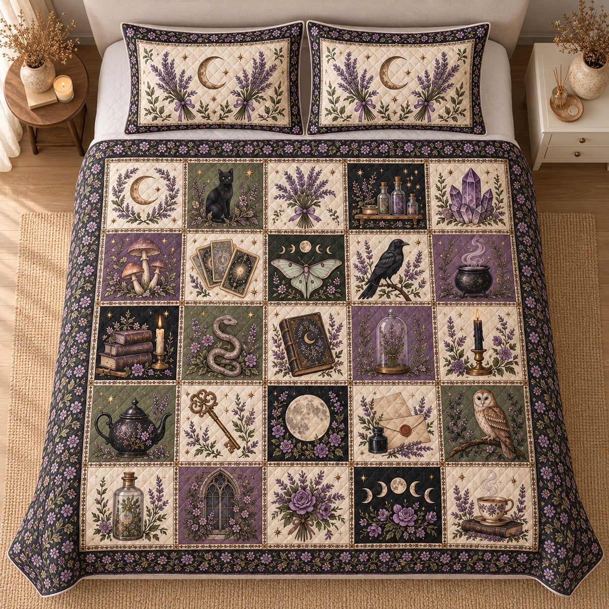 AI mockup, high centered overhead view of patchwork squares with lavender, crescent moons, black cats, crystals, owls and spell books, quilt and two matching printed pillowcases in a neutral bedroom.