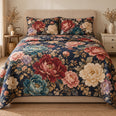 Vintage Peony Quilt Set, Blush Burgundy and Cream Flowers, Gift for Flower Lovers