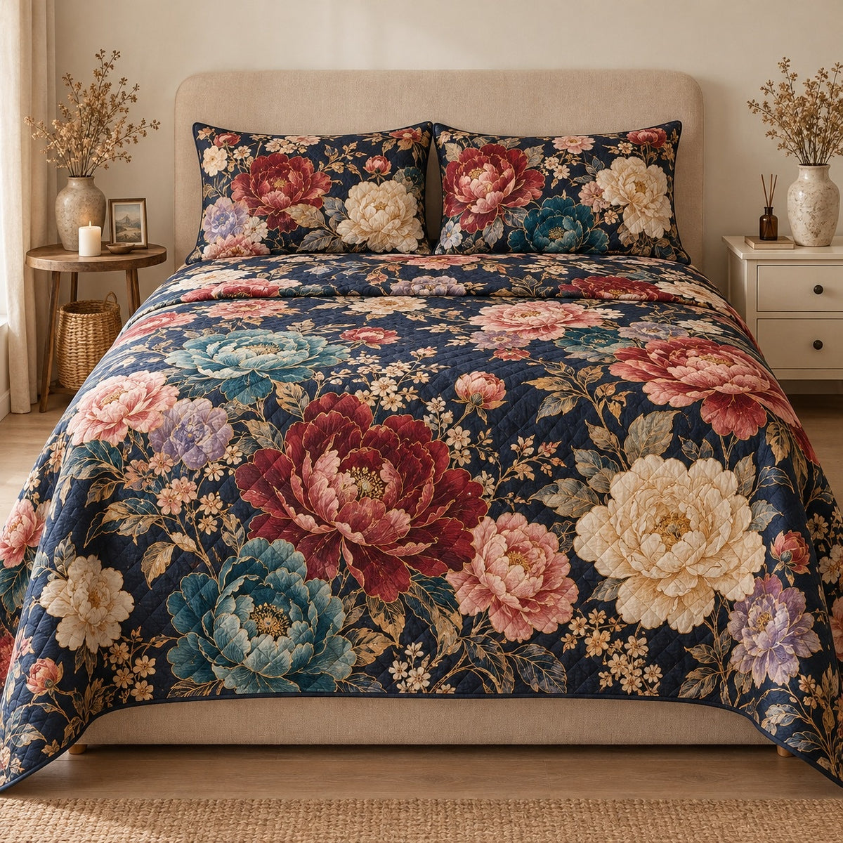 AI mockup, front view of large blush, burgundy, cream and teal peonies with foliage on dark navy, quilt and two matching printed pillowcases in a neutral bedroom.