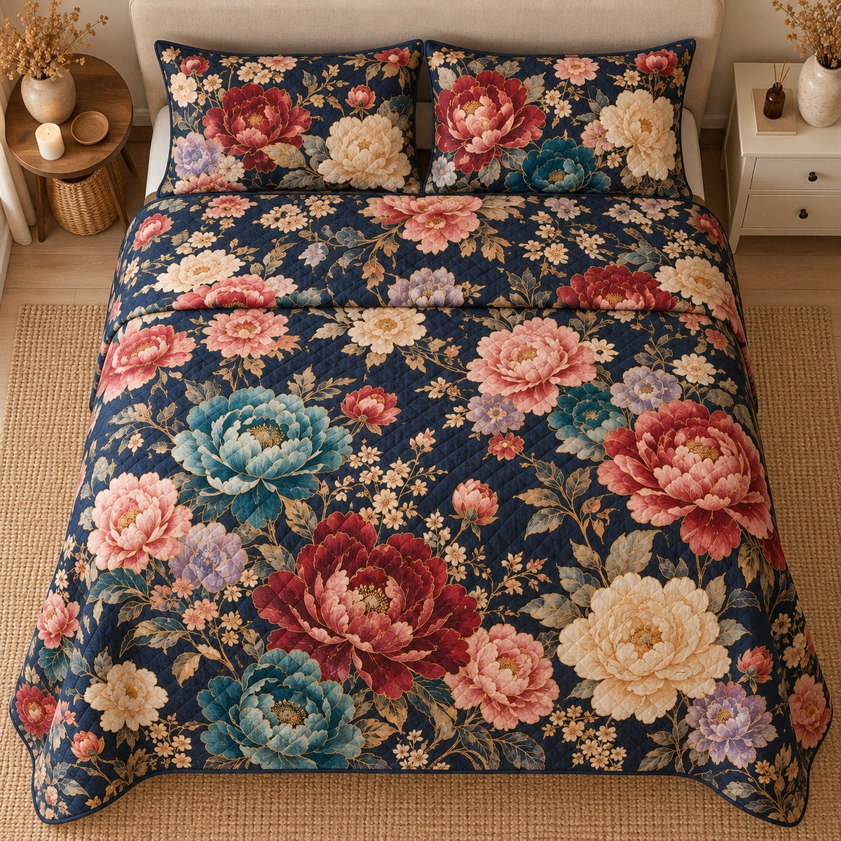 AI mockup, high centered overhead view of large blush, burgundy, cream and teal peonies with foliage on dark navy, quilt and two matching printed pillowcases in a neutral bedroom.