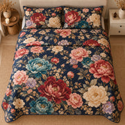 AI mockup, high centered overhead view of large blush, burgundy, cream and teal peonies with foliage on dark navy, quilt and two matching printed pillowcases in a neutral bedroom.