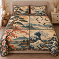 Japanese Landscape Quilt Set, Mount Fuji Cranes and Ocean Waves, Gift for Japan Lovers