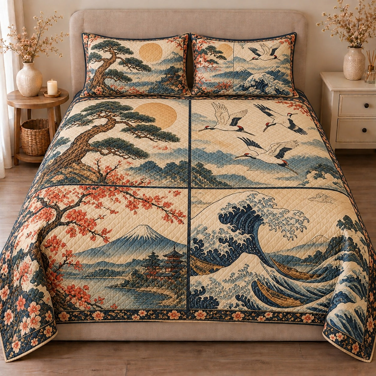 AI mockup, front view of panels of Mount Fuji, pine trees, cranes, cherry blossoms and ocean waves, quilt and two matching printed pillowcases in a neutral bedroom.