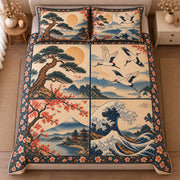 AI mockup, high centered overhead view of panels of Mount Fuji, pine trees, cranes, cherry blossoms and ocean waves, quilt and two matching printed pillowcases in a neutral bedroom.