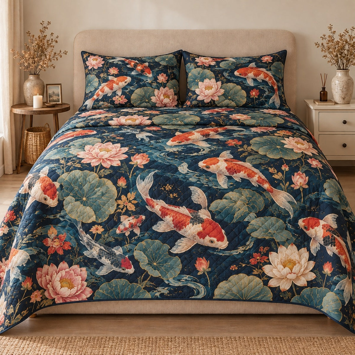 AI mockup, front view of orange and white koi swimming among pink and cream lotus flowers on deep blue, quilt and two matching printed pillowcases in a neutral bedroom.