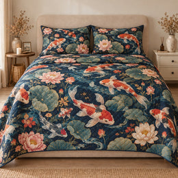 Koi Pond Quilt Set, Lotus Flowers and Blue Water, Gift for Koi Lovers
