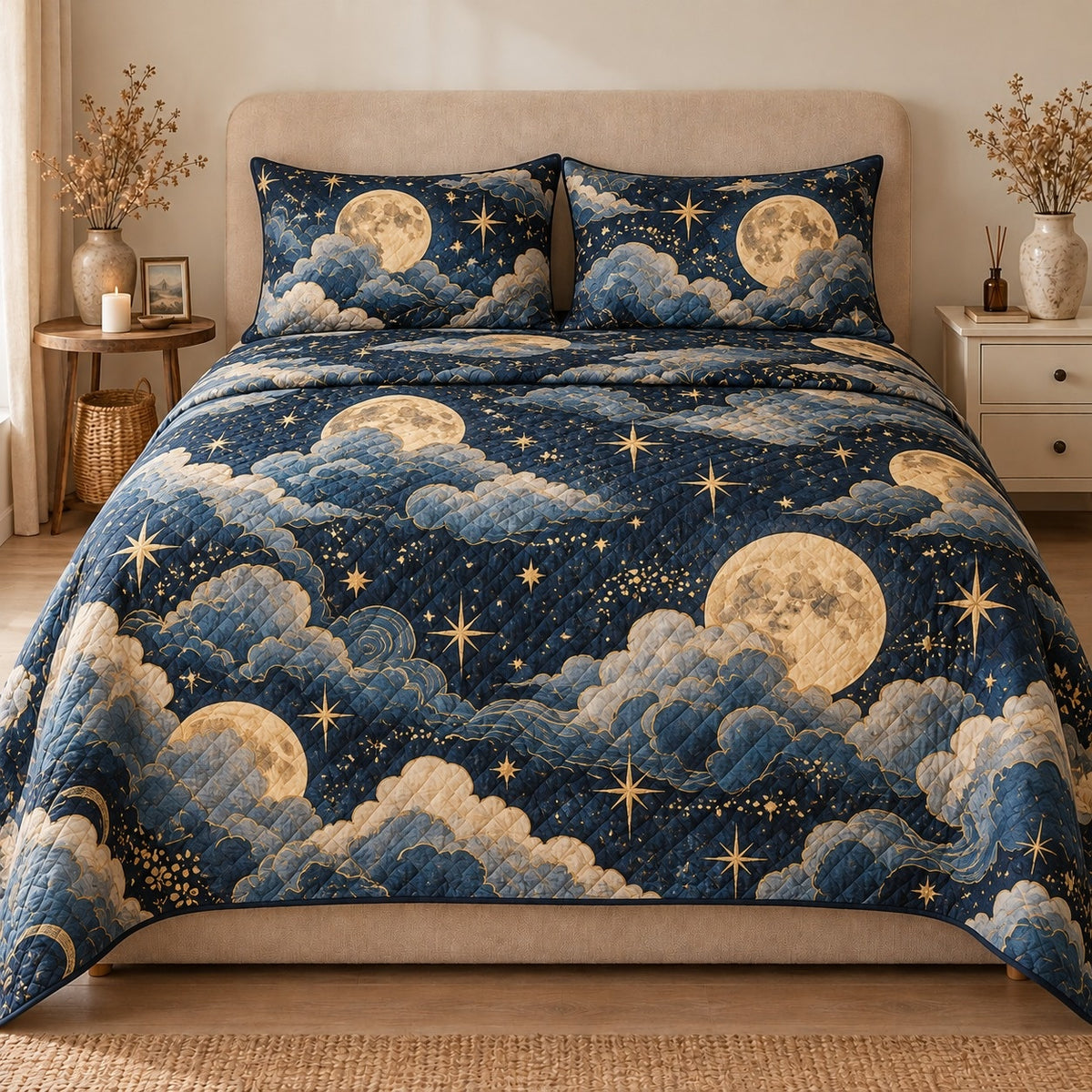 AI mockup, front view of golden full and crescent moons among stars and blue clouds on navy, quilt and two matching printed pillowcases in a neutral bedroom.