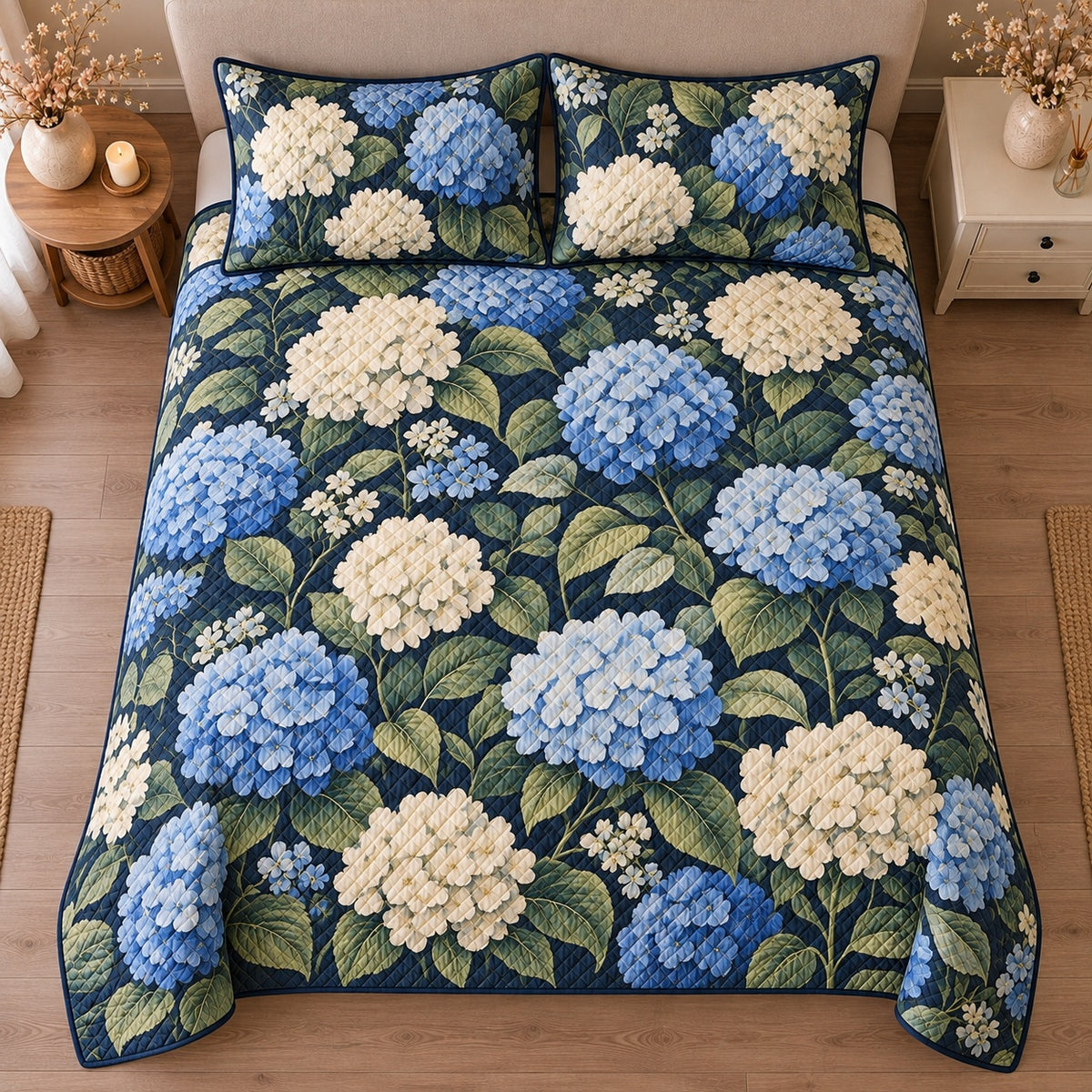 AI mockup, high centered overhead view of blue and white hydrangea clusters with green leaves on navy, quilt and two matching printed pillowcases in a neutral bedroom.