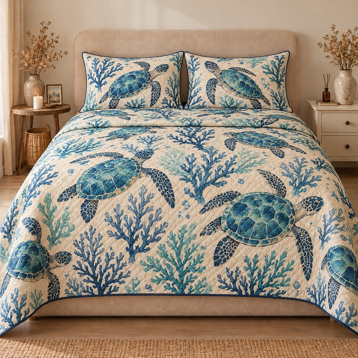 AI mockup, front view of blue and teal sea turtles swimming among coral on cream, quilt and two matching printed pillowcases in a neutral bedroom.