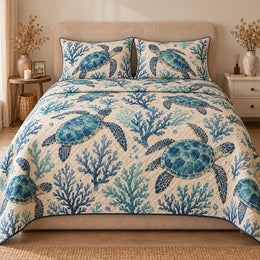 Sea Turtle Quilt Set, Blue Coral and Coastal Motifs, Gift for Turtle Lovers