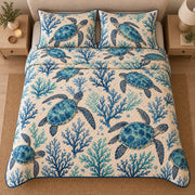 AI mockup, high centered overhead view of blue and teal sea turtles swimming among coral on cream, quilt and two matching printed pillowcases in a neutral bedroom.