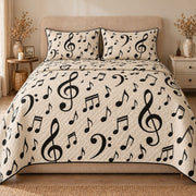 AI mockup, front view of black treble clefs and musical notes scattered across ivory, quilt and two matching printed pillowcases in a neutral bedroom.