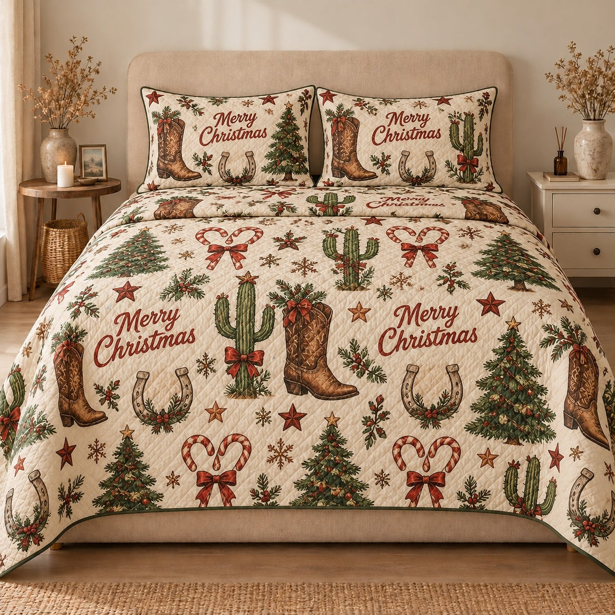 AI mockup, front view of cowboy boots, cactus, horseshoes, bows and Christmas trees with Merry Christmas lettering on cream, quilt and two matching printed pillowcases in a neutral bedroom.