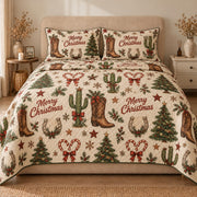 AI mockup, front view of cowboy boots, cactus, horseshoes, bows and Christmas trees with Merry Christmas lettering on cream, quilt and two matching printed pillowcases in a neutral bedroom.