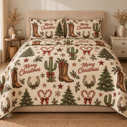 Western Christmas Quilt Set, Cowboy Boots Cactus and Trees, Gift for Western Decor Lovers