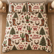 AI mockup, high centered overhead view of cowboy boots, cactus, horseshoes, bows and Christmas trees with Merry Christmas lettering on cream, quilt and two matching printed pillowcases in a neutral bedroom.