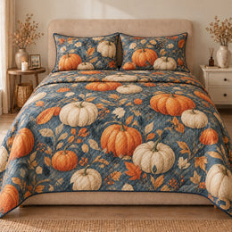 Autumn Pumpkin Quilt Set, Orange and Ivory Harvest Blooms, Gift for Fall Decor Lovers