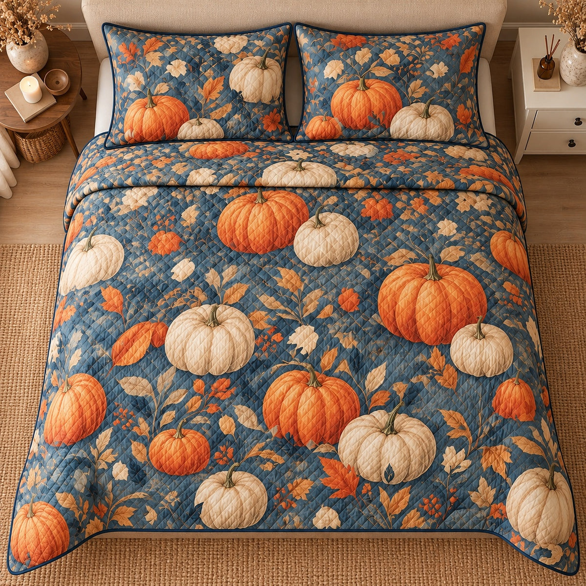 AI mockup, high centered overhead view of orange and ivory pumpkins with autumn leaves on muted blue, quilt and two matching printed pillowcases in a neutral bedroom.