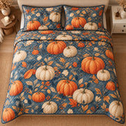 AI mockup, high centered overhead view of orange and ivory pumpkins with autumn leaves on muted blue, quilt and two matching printed pillowcases in a neutral bedroom.
