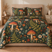 AI mockup, front view of red and orange mushrooms among green ferns and small wildflowers on dark green, quilt and two matching printed pillowcases in a neutral bedroom.