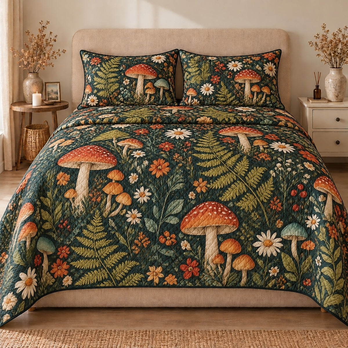 AI mockup, front view of red and orange mushrooms among green ferns and small wildflowers on dark green, quilt and two matching printed pillowcases in a neutral bedroom.