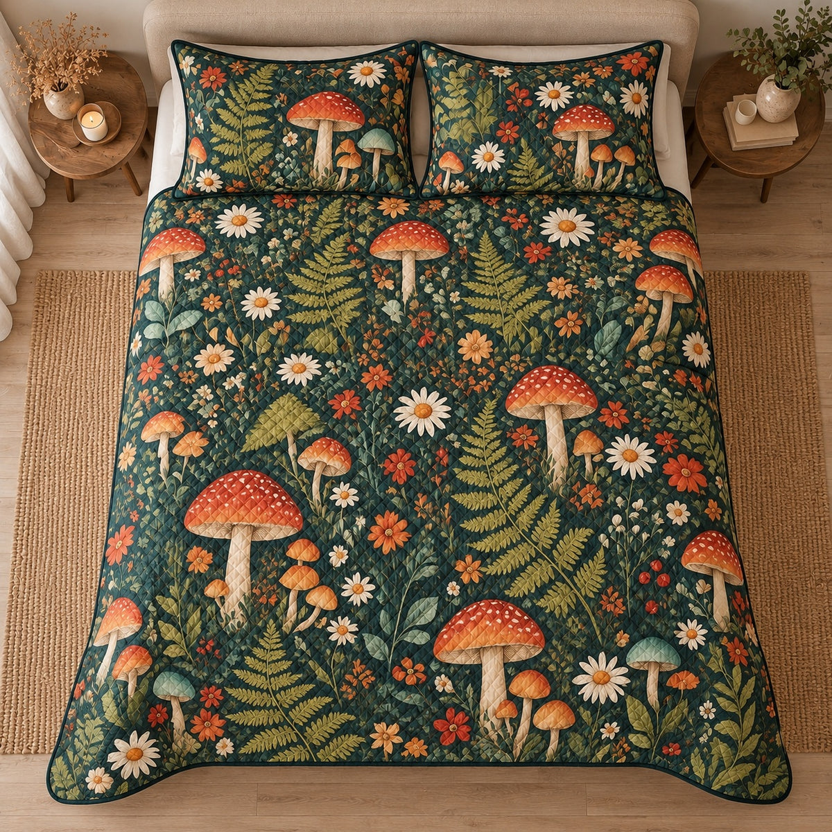 AI mockup, high centered overhead view of red and orange mushrooms among green ferns and small wildflowers on dark green, quilt and two matching printed pillowcases in a neutral bedroom.