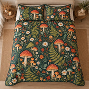 AI mockup, high centered overhead view of red and orange mushrooms among green ferns and small wildflowers on dark green, quilt and two matching printed pillowcases in a neutral bedroom.
