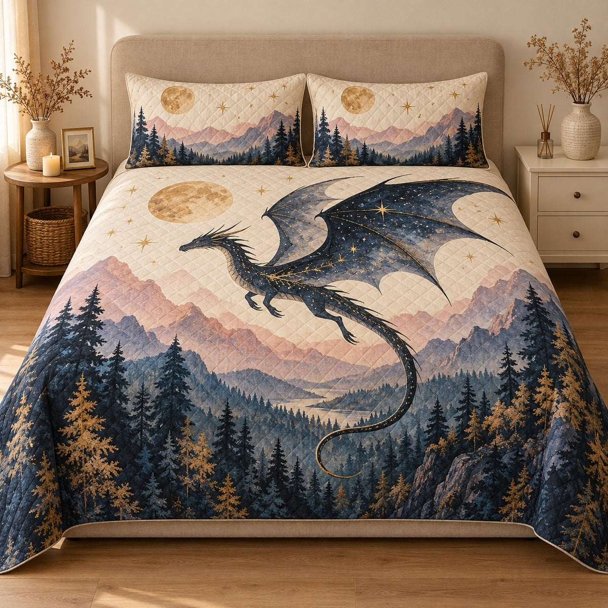 AI mockup, front view of a dark flying dragon above layered blue and mauve mountains and pine forest under a golden moon, quilt and two matching printed pillowcases in a neutral bedroom.