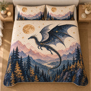 AI mockup, high centered overhead view of a dark flying dragon above layered blue and mauve mountains and pine forest under a golden moon, quilt and two matching printed pillowcases in a neutral bedroom.