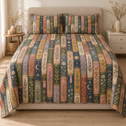 AI mockup, front view of rows of ornate vintage book spines decorated with leaves, stars and moons, quilt and two matching printed pillowcases in a neutral bedroom.