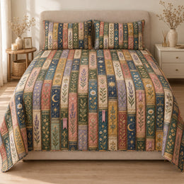 Vintage Bookshelf Quilt Set, Ornate Spines and Celestial Details, Gift for Book Lovers