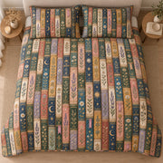 AI mockup, high centered overhead view of rows of ornate vintage book spines decorated with leaves, stars and moons, quilt and two matching printed pillowcases in a neutral bedroom.