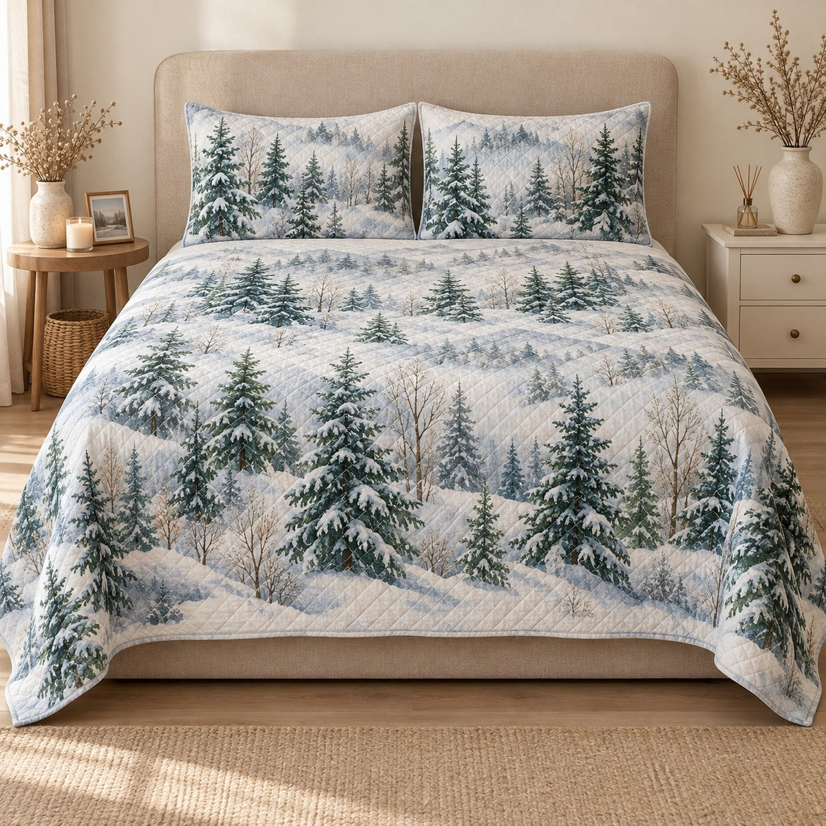 AI mockup, front view of snow covered evergreen trees across a quiet winter landscape, quilt and two matching printed pillowcases in a neutral bedroom.