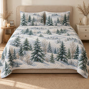 AI mockup, front view of snow covered evergreen trees across a quiet winter landscape, quilt and two matching printed pillowcases in a neutral bedroom.