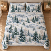 AI mockup, high centered overhead view of snow covered evergreen trees across a quiet winter landscape, quilt and two matching printed pillowcases in a neutral bedroom.
