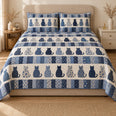 Blue Cat Patchwork Quilt Set, Floral Silhouettes and Stripes, Gift for Cat Lovers