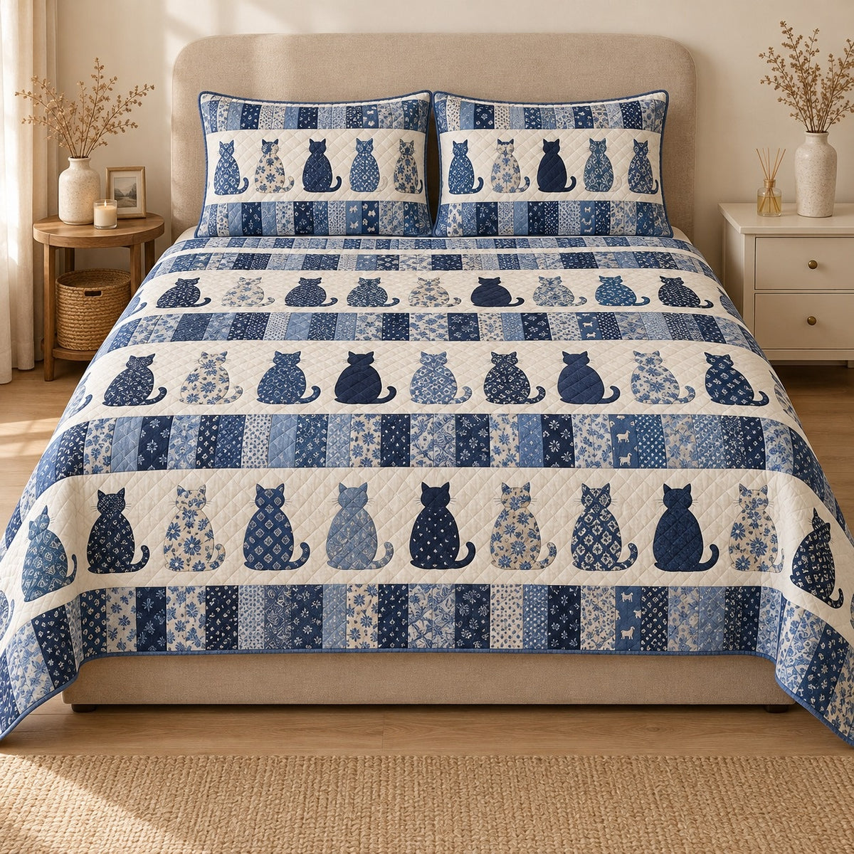 AI mockup, front view of rows of navy and floral cat silhouettes between blue patchwork stripes, quilt and two matching printed pillowcases in a neutral bedroom.