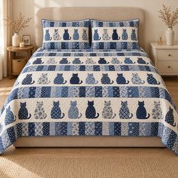 Blue Cat Patchwork Quilt Set, Floral Silhouettes and Stripes, Gift for Cat Lovers