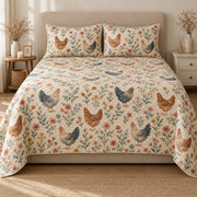 AI mockup, front view of rustic hens among delicate pink, gold and green wildflowers on cream, quilt and two matching printed pillowcases in a neutral bedroom.