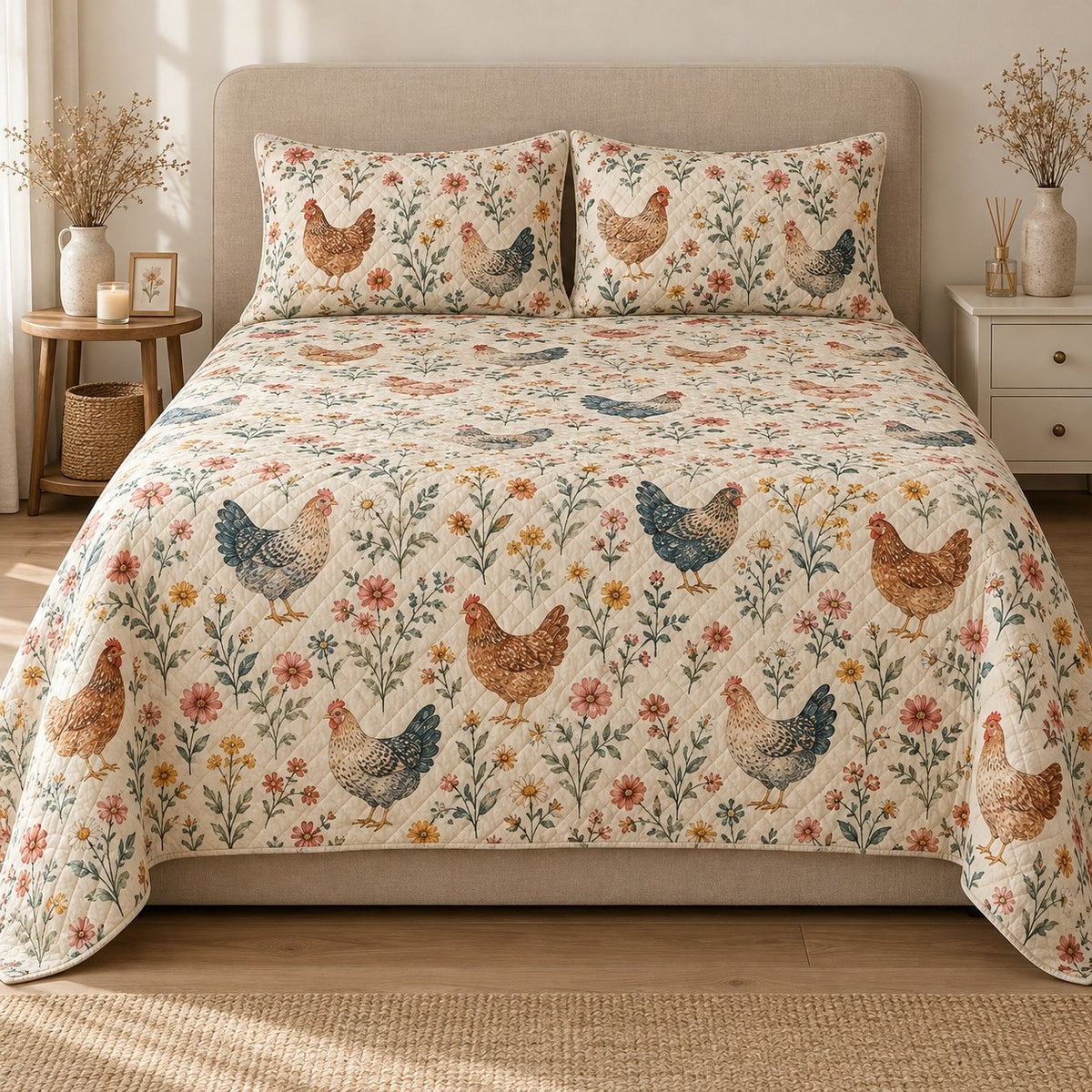 AI mockup, front view of rustic hens among delicate pink, gold and green wildflowers on cream, quilt and two matching printed pillowcases in a neutral bedroom.
