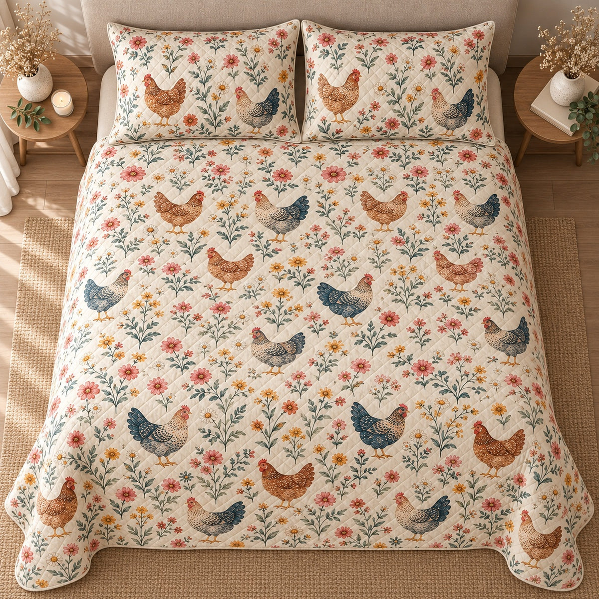 AI mockup, high centered overhead view of rustic hens among delicate pink, gold and green wildflowers on cream, quilt and two matching printed pillowcases in a neutral bedroom.