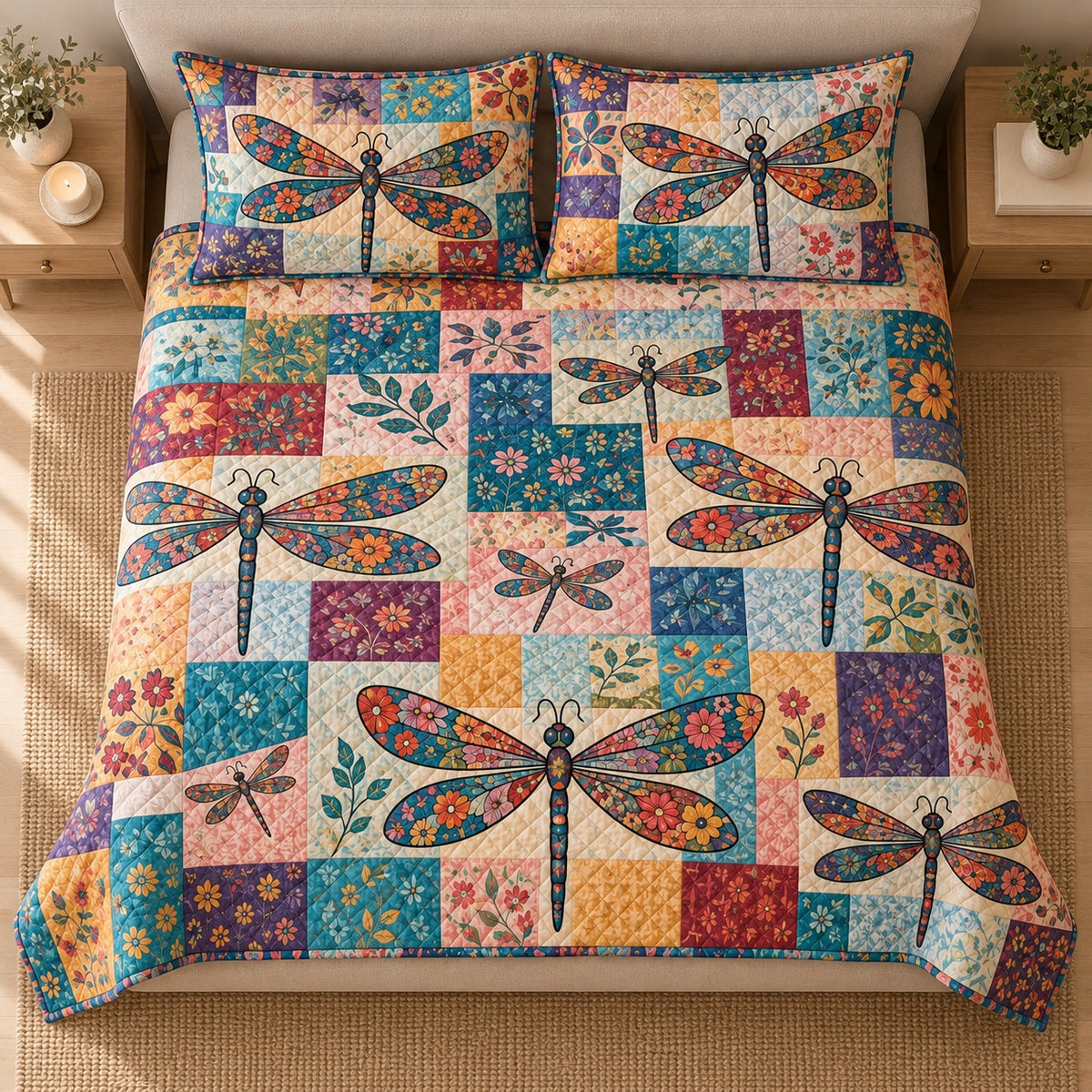 AI mockup, high centered overhead view of large dragonflies with colorful patchwork wings over floral quilt squares, quilt and two matching printed pillowcases in a neutral bedroom.