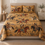 AI mockup, front view of galloping horses, riders, desert plants and vintage western motifs on golden tan, quilt and two matching printed pillowcases in a neutral bedroom.