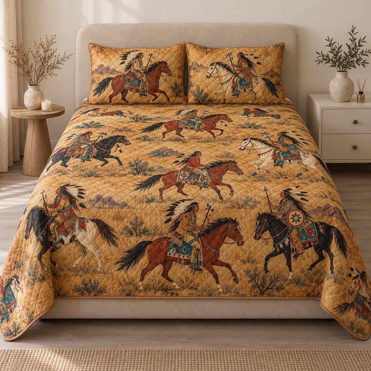 AI mockup, front view of galloping horses, riders, desert plants and vintage western motifs on golden tan, quilt and two matching printed pillowcases in a neutral bedroom.
