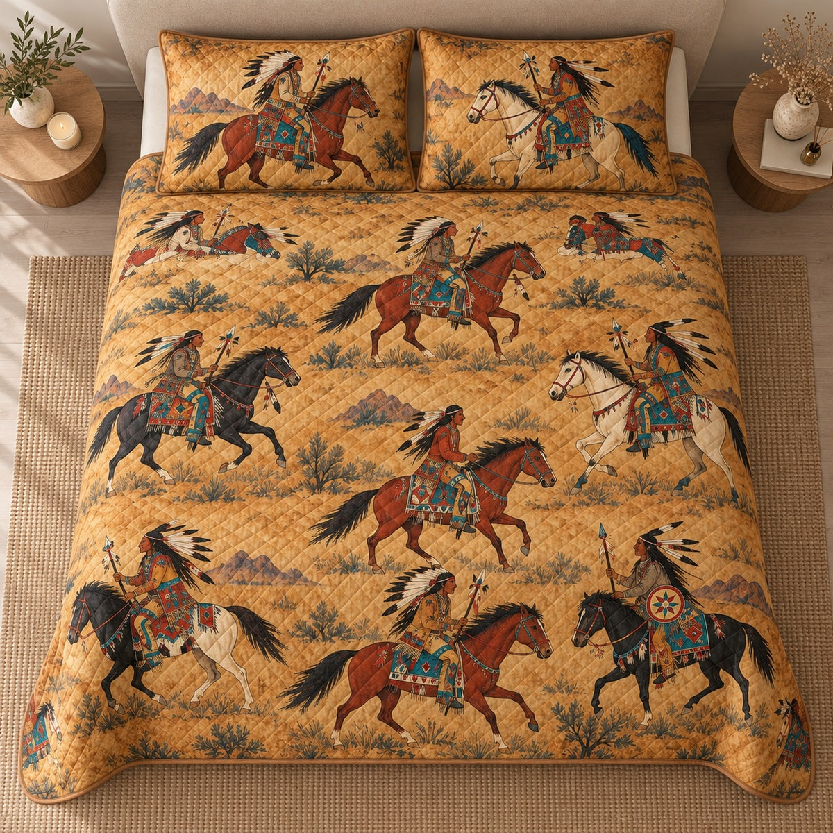 AI mockup, high centered overhead view of galloping horses, riders, desert plants and vintage western motifs on golden tan, quilt and two matching printed pillowcases in a neutral bedroom.