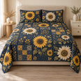 Sunflower Patchwork Quilt Set, Golden Blooms and Navy Florals, Gift for Sunflower Lovers